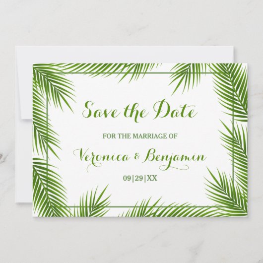 Palm Blätter Tropical Beach Hochzeit Save the Date (Vorderseite)