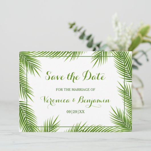 Palm Blätter Tropical Beach Hochzeit Save the Date (Stehend Vorderseite)