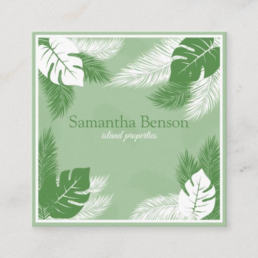Palm Blätter Tropical Island Green & White Square Quadratische Visitenkarte (Vorderseite)