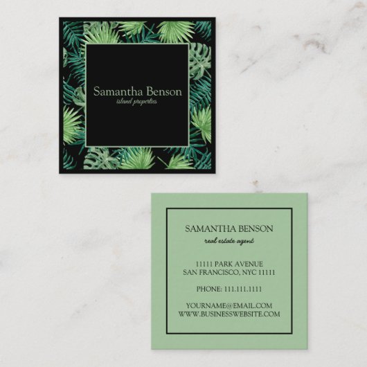 Palm Blätter Tropical Island Green & White Square Quadratische Visitenkarte (Vorne/Hinten)