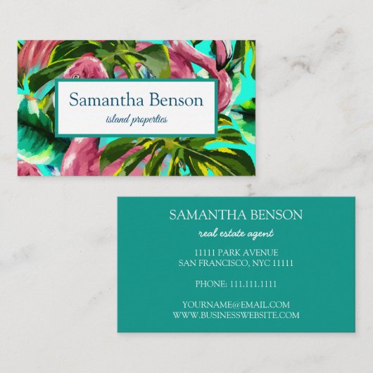 Palm Blätter Tropical Island Green & White Square Visitenkarte (Vorne/Hinten)