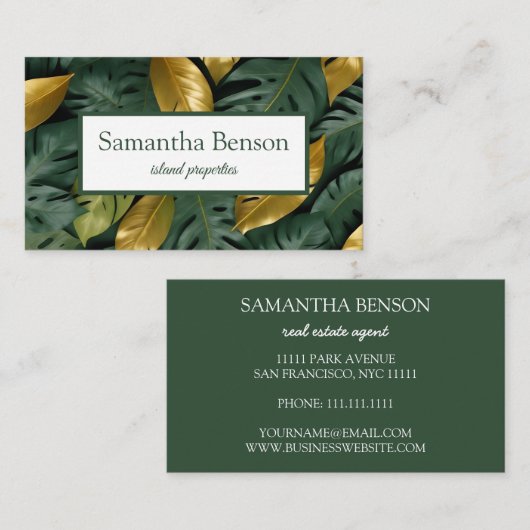 Palm Blätter Tropical Island Green & White Square Visitenkarte (Vorne/Hinten)