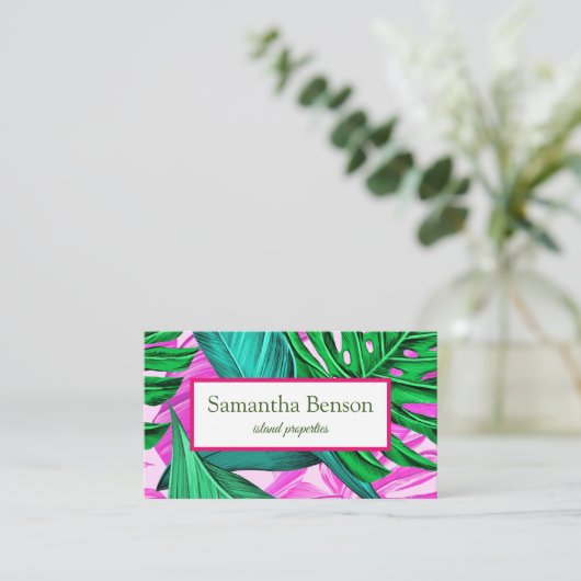 Palm Blätter Tropical Island Green & White Square Visitenkarte (Stehend Vorderseite)
