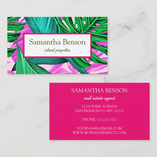 Palm Blätter Tropical Island Green & White Square Visitenkarte (Vorne/Hinten)