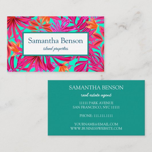 Palm Blätter Tropical Island Green & White Square Visitenkarte (Vorne/Hinten)