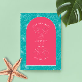 Palm Blätter Tropical Seashell Pink Blau Save The Date