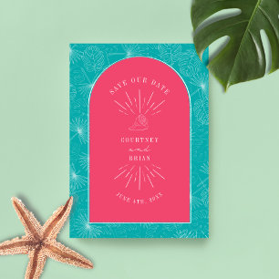 Palm Blätter Tropical Seashell Pink Blau Save The Date