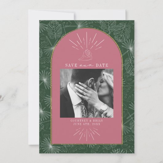 Palm Blätter Tropical Seashell Pink & Green Foto Save The Date (Vorderseite)