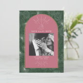 Palm Blätter Tropical Seashell Pink & Green Foto Save The Date (Stehend Vorderseite)
