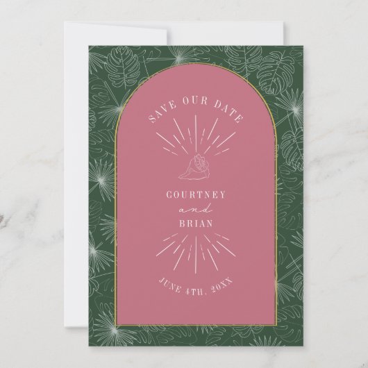 Palm Blätter Tropical Seashell Pink Green Rettete Save The Date (Vorderseite)
