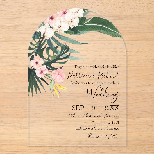 Palm Blätter Tropische Hochzeit in Urlaubsort Acryleinladungen (Vorderseite)