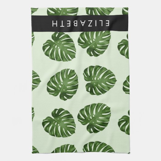 Palm-Blätter, tropisches Muster, Ihr Name Geschirrtuch (Vertikal)