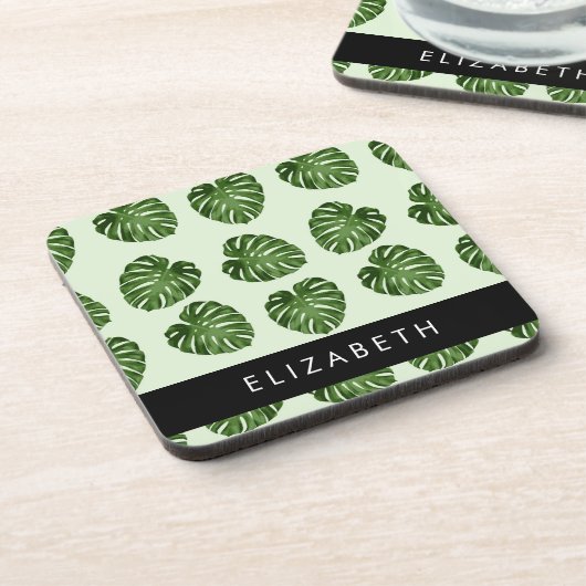 Palm-Blätter, tropisches Muster, Ihr Name Getränkeuntersetzer (Linke Seite)