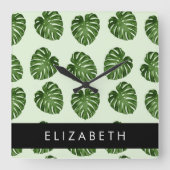 Palm-Blätter, tropisches Muster, Ihr Name Quadratische Wanduhr (Vorderseite)