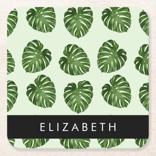 Palm-Blätter, tropisches Muster, Ihr Name Rechteckiger Pappuntersetzer (Vorderseite)
