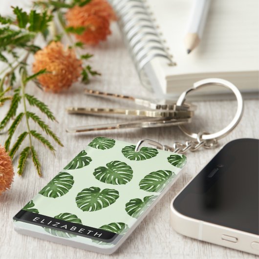 Palm-Blätter, tropisches Muster, Ihr Name Schlüsselanhänger (Vorderseite rechts)