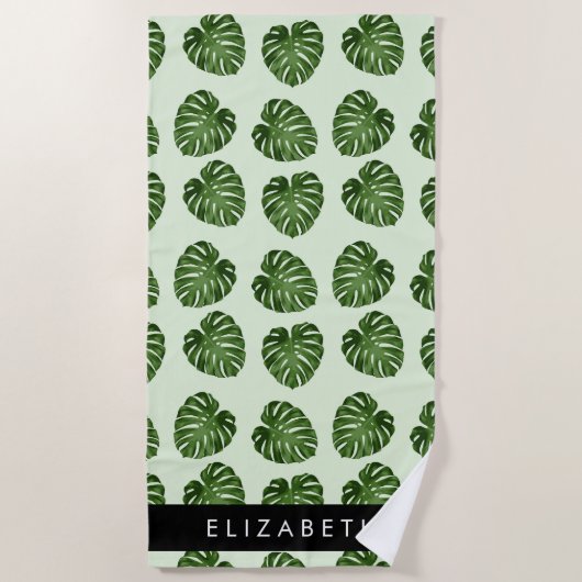 Palm-Blätter, tropisches Muster, Ihr Name Strandtuch (Vorderseite)
