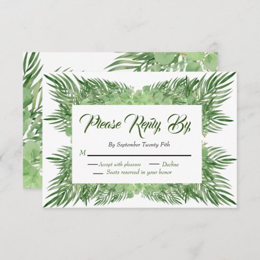 Palm Blätter und Eukalyptus Hochzeitliches Blattwe RSVP Karte (Vorne/Hinten)