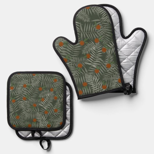 Palm-Blätter und Orangen Ofenhandschuh & Topflappen-Set (Vorderseite/Rückseite)