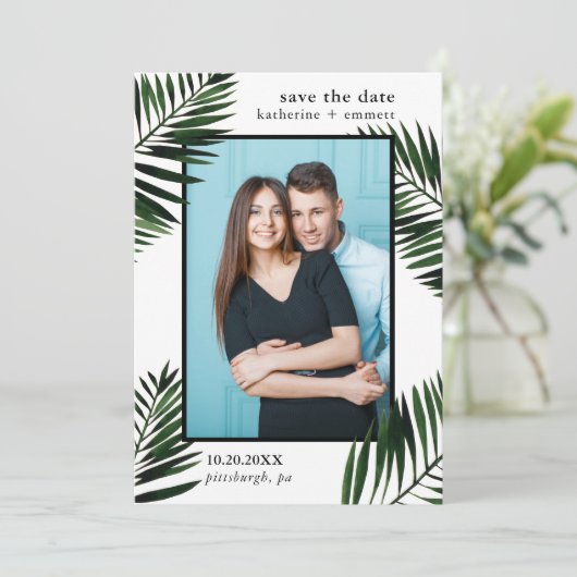 Palm Blätter und Punkte Save the Date Fotokarte (Stehend Vorderseite)