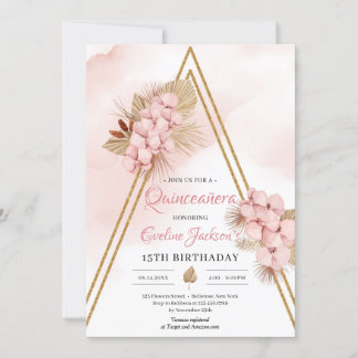 Palm Blush Orchid Gold Arch Quinceañera Einladung
