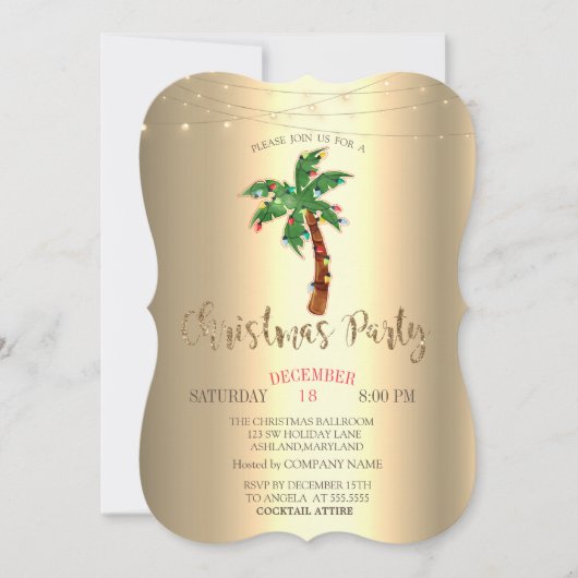 Palm Christmas Tree String Lights Gold Einladung (Vorderseite)