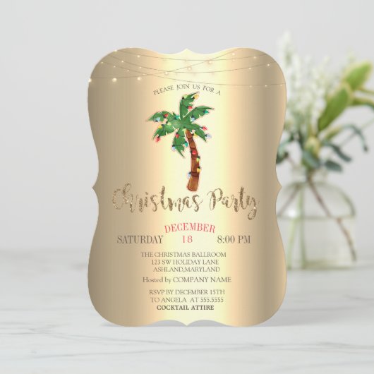 Palm Christmas Tree String Lights Gold Einladung (Stehend Vorderseite)