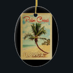 Palm Coast Palm Tree Vintage Reisen Keramik Ornament<br><div class="desc">Ein einzigartig Retro Mitte des Jahrhunderts moderne Palm Coast Florida Kunstdruck in Vintage Reise Poster Stil. Es verfügt über eine geschwungene Palme am Sandstrand mit Ozean unter einem blauen bewölkten Himmel.</div>