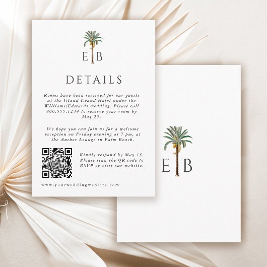 Palm Elegant Tropical Monogram Wedding Details Begleitkarte