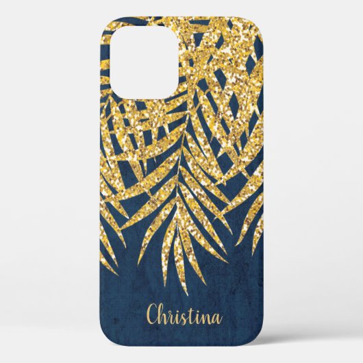 Palm Fronds Gold Glitzer Name Personalisiert Navy Case-Mate iPhone Hülle (Rückseite)