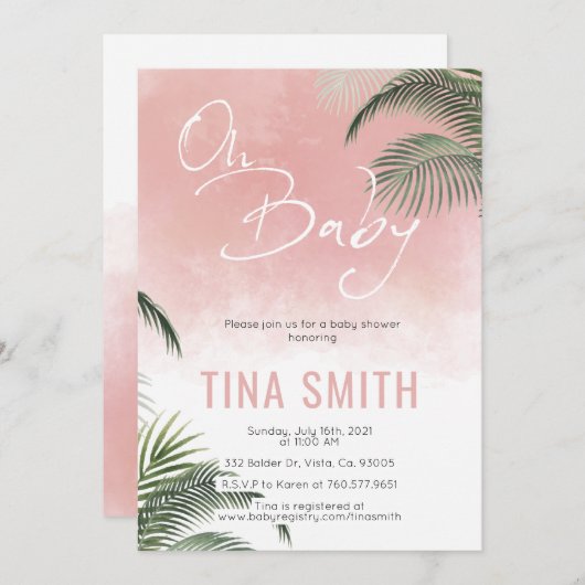 Palm Fronds Hawaiian Tropical Trendy Modern Pink Einladung (Vorne/Hinten)