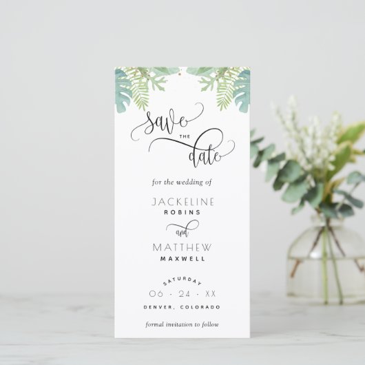Palm Greenery Wedding Save the Date Lesezeichen (Stehend Vorderseite)