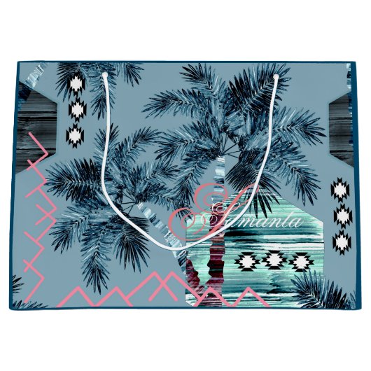 Palm Hawaiian Blue Monogram personalisiert Große Geschenktüte (Vorderseite)