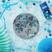 Palm Hawaiian Blue Monogram personalisiert Pappteller (Party)