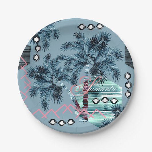 Palm Hawaiian Blue Monogram personalisiert Pappteller (Vorderseite)