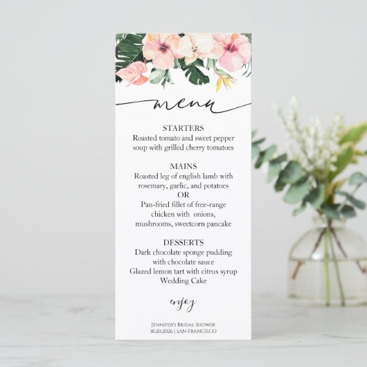 Palm Hibiskus Tropical Brautparty Menu Card (Stehend Vorderseite)