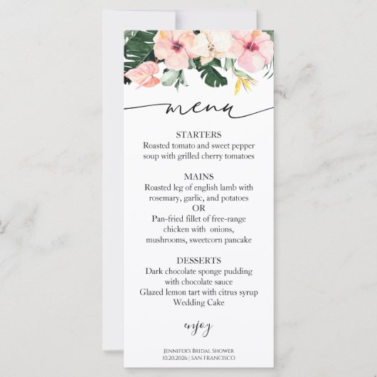 Palm Hibiskus Tropical Brautparty Menu Card (Vorderseite)