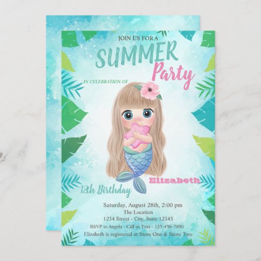 Palm Leaf, Baby Mermaid Geburtstagsparty Einladung (Vorne/Hinten)