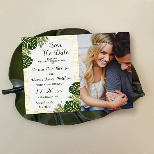 Palm Leaf Beach Hochzeitskarte Save the Date Foto  Folieneinladung