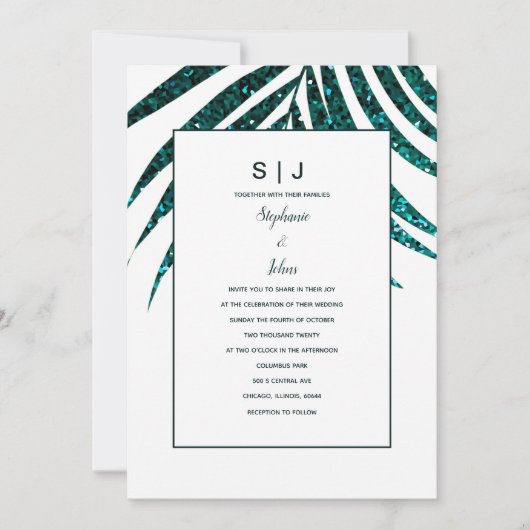 Palm Leaf Blue Green Glitzer Tropical Wedding Einladung (Vorderseite)