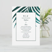 Palm Leaf Blue Green Glitzer Tropical Wedding Einladung (Stehend Vorderseite)
