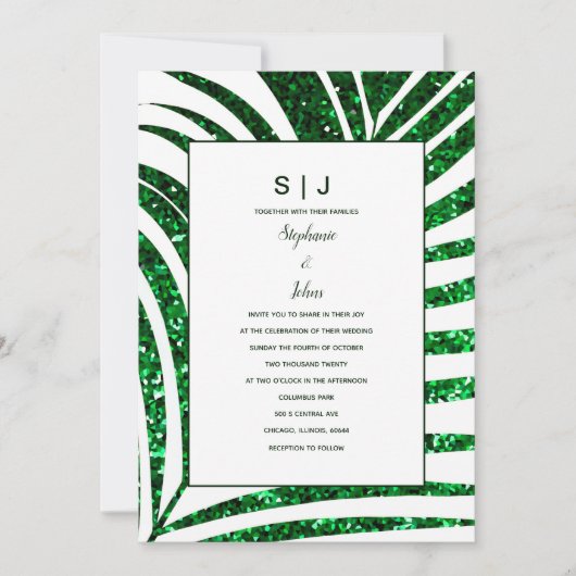 Palm Leaf Emerald Green Glitzer Tropical Wedding Einladung (Vorderseite)