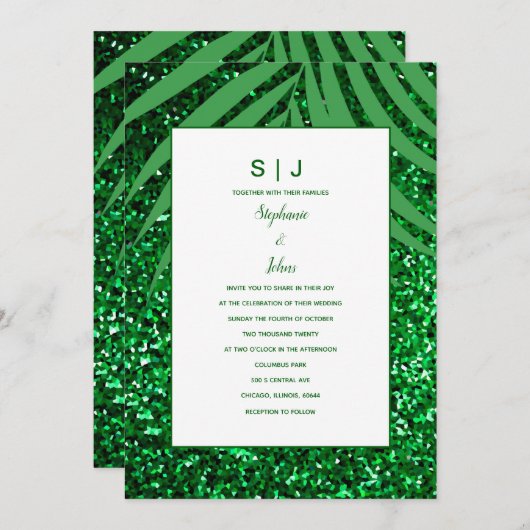 Palm Leaf Emerald Green Glitzer Tropical Wedding Einladung (Vorne/Hinten)