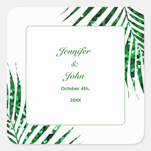 Palm Leaf Emerald Green Glitzer Tropical Wedding Quadratischer Aufkleber (Vorderseite)