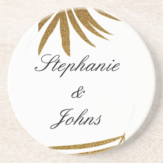 Palm Leaf Gold Glitzer Custom Couple Name Tropical Getränkeuntersetzer (Vorne)