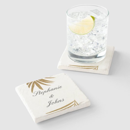 Palm Leaf Gold Glitzer Custom Couple Name Tropical Steinuntersetzer (Seitenansicht)