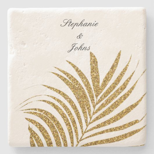 Palm Leaf Gold Glitzer Individuelle Name Hochzeits Steinuntersetzer (Vorderseite)