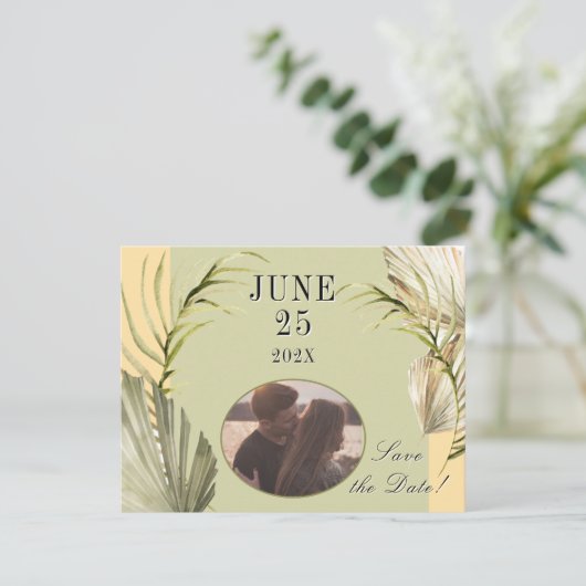 Palm Leaf Greenery Save the Date Postcard (Stehend Vorderseite)