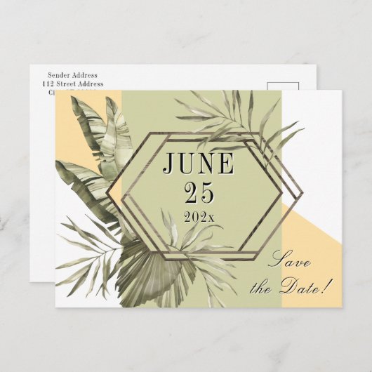 Palm Leaf Greenery Save the Date Postcard Postkarte (Vorne/Hinten)