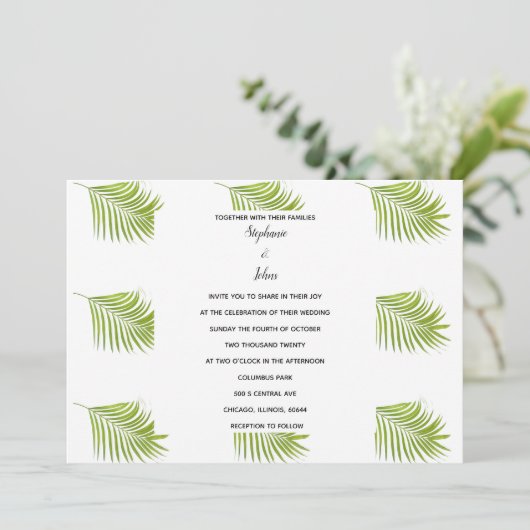 Palm Leaf Muster Green White Simple Wedding Einladung (Stehend Vorderseite)